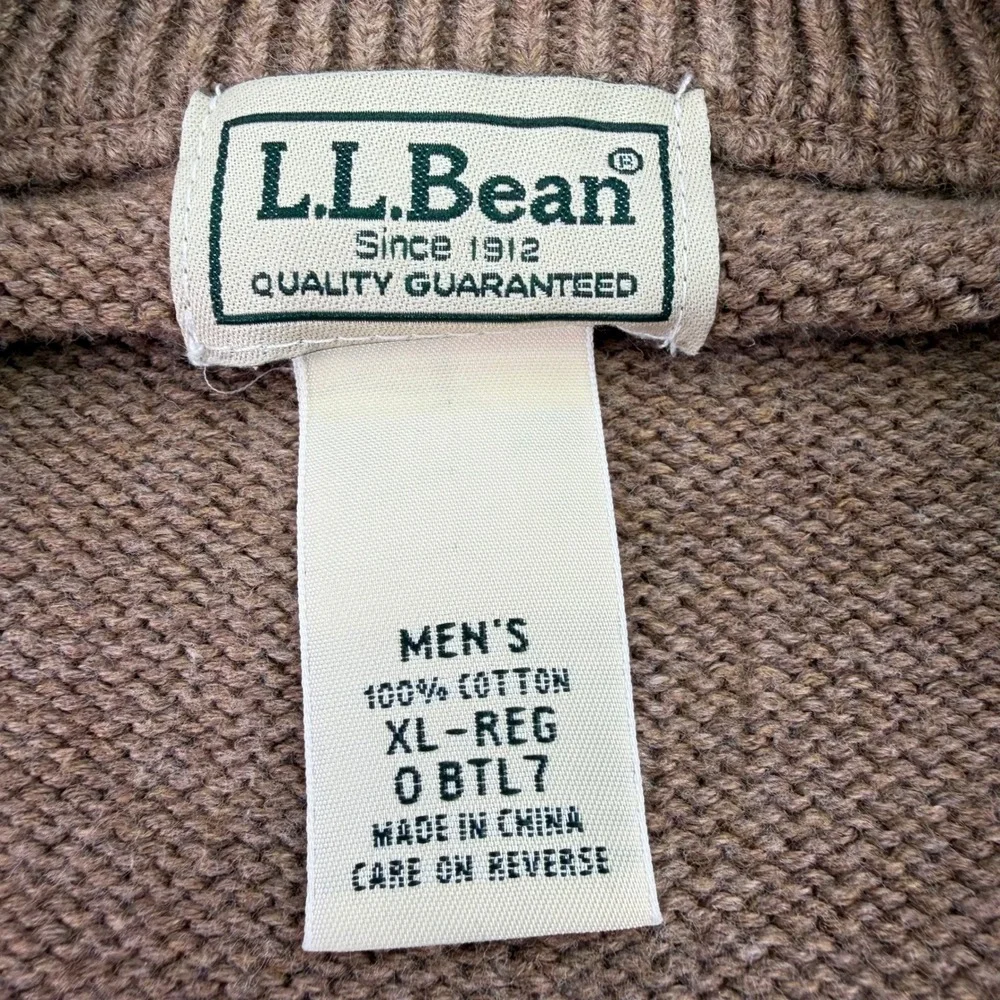 LL Bean Sweater Mens XL Reg Light Brown Cotton Knit Full Zip Mock Neck‎ Pockets
